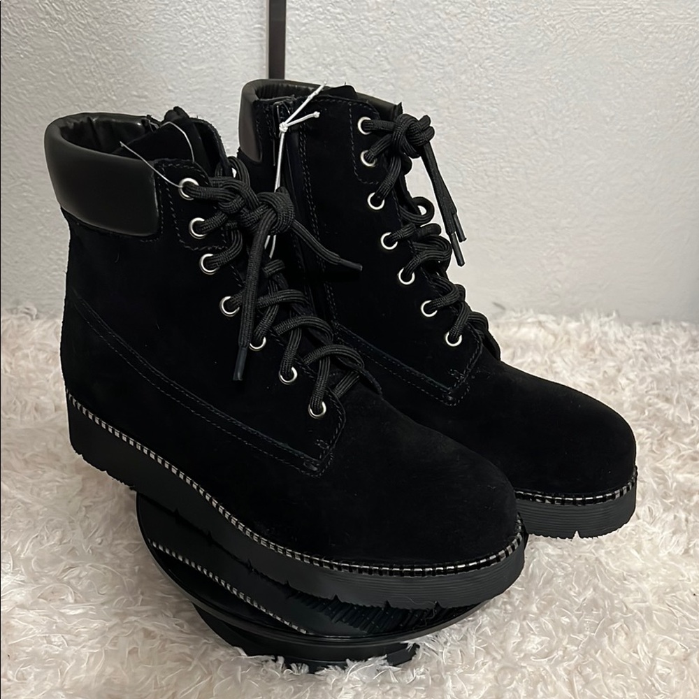 Priori Black Suede and Leather Lace-Up Side Zip Boots Size 7